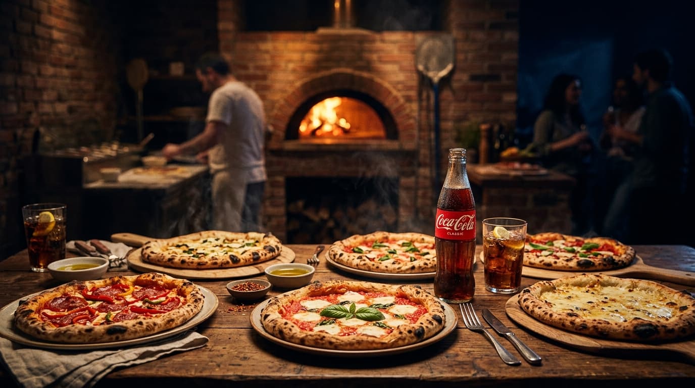 Reich gedeckter Tisch mit mehreren Pizzen aus dem Holzofen
