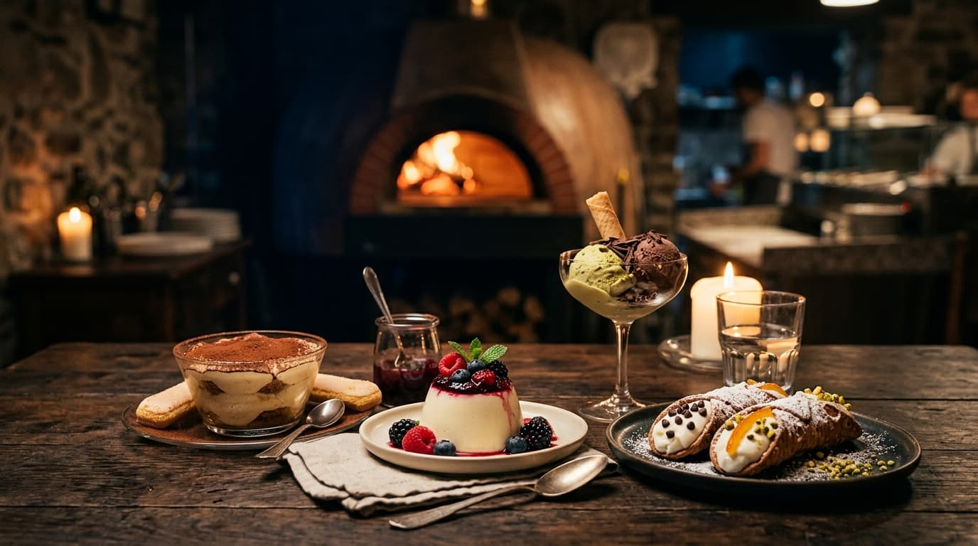 Italienische Desserts auf einem dunklen Tisch vor dem Holzofen