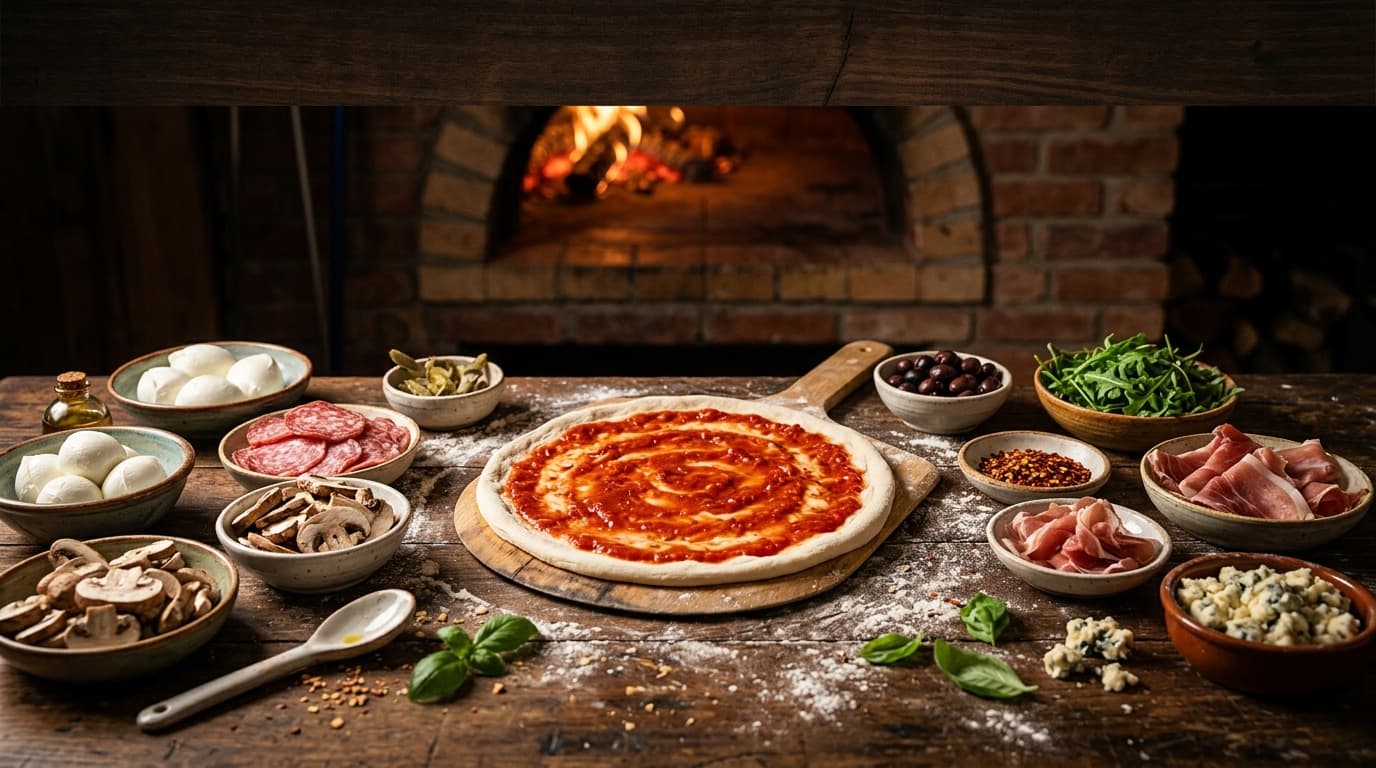 Viele Schälchen mit frischen Pizza Zutaten rund um einen Pizzaboden
