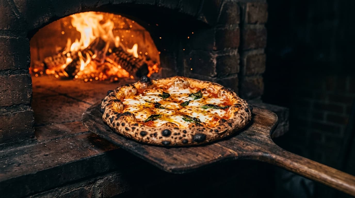 Frische Pizza wird aus dem lodernden Holzofen gezogen