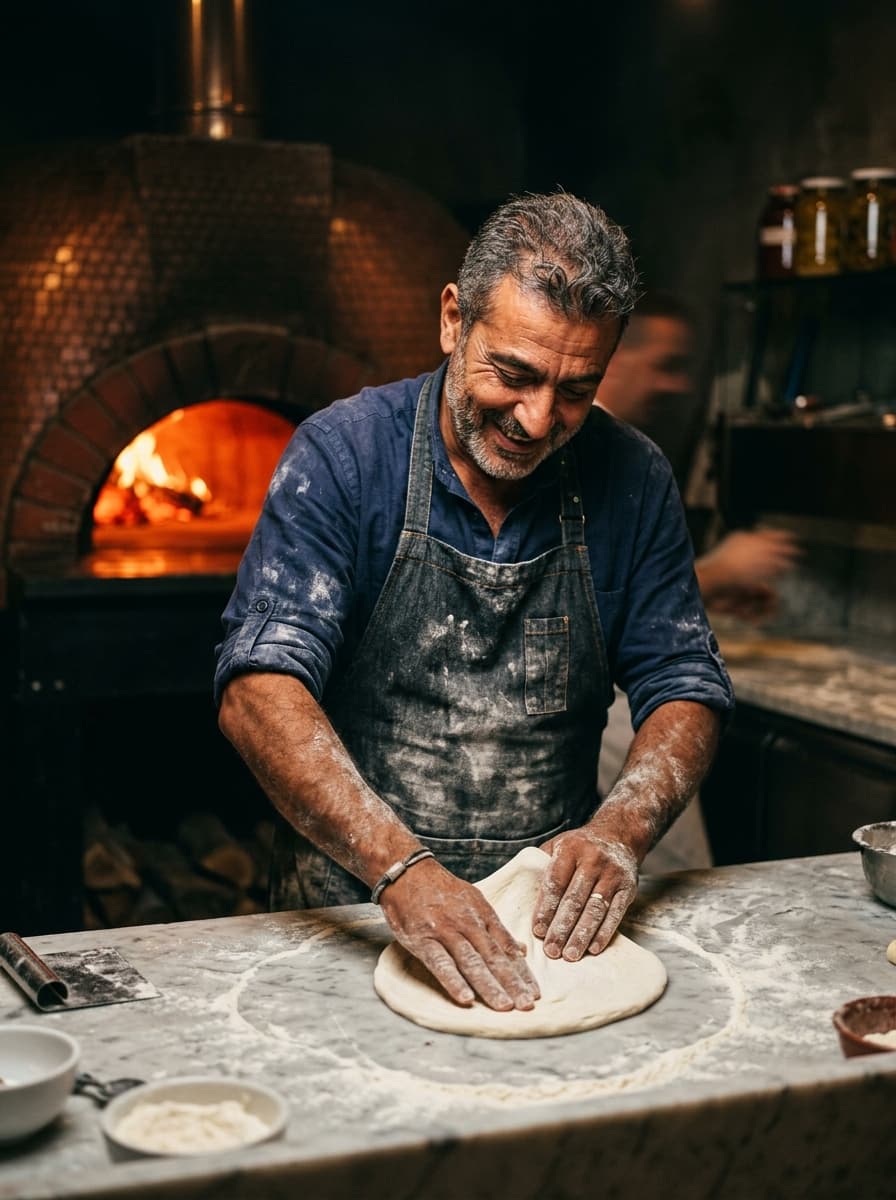 Alfredo formt frischen Teig vor dem Holzofen